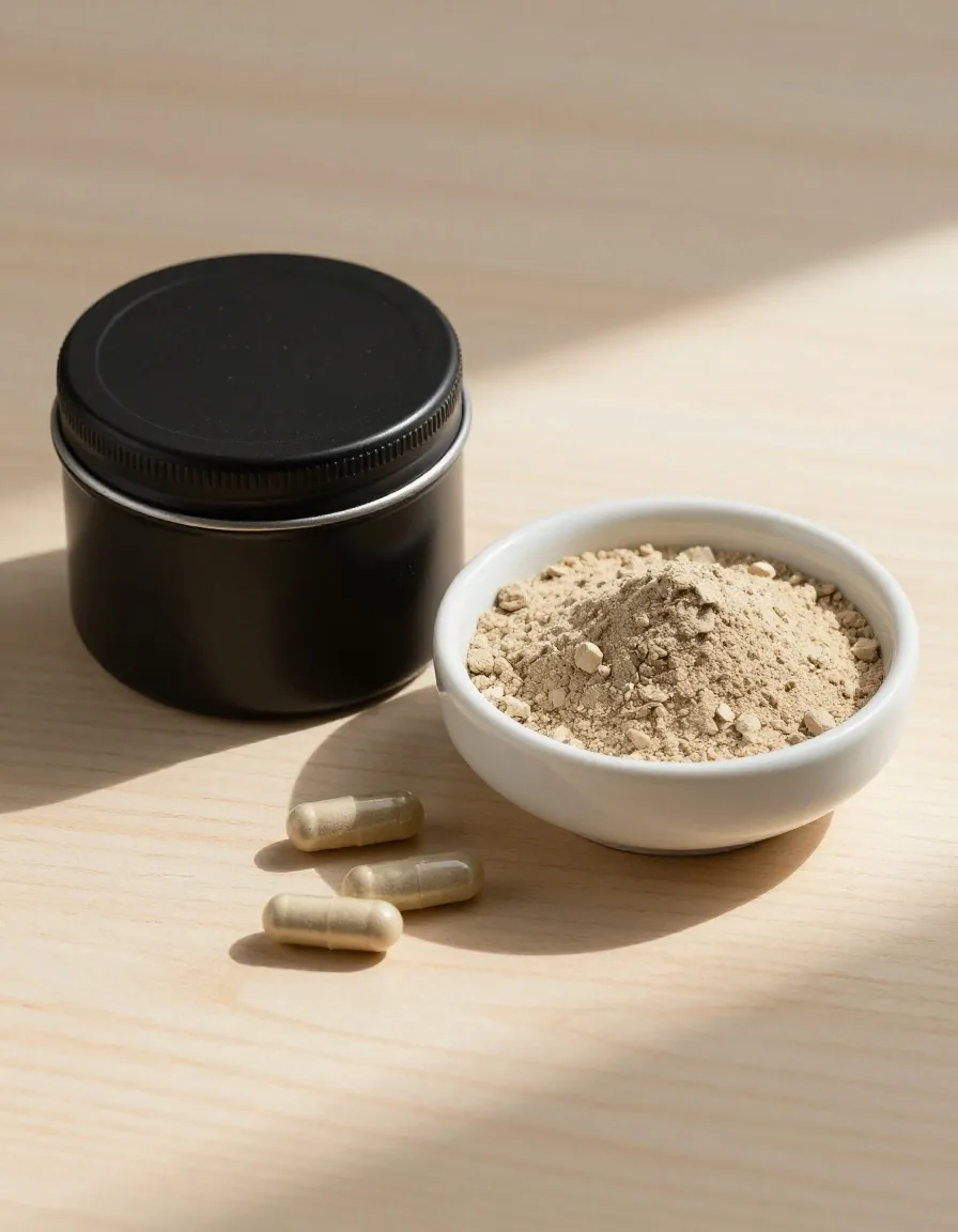 Supplement tin with mineral capsules on birch wood