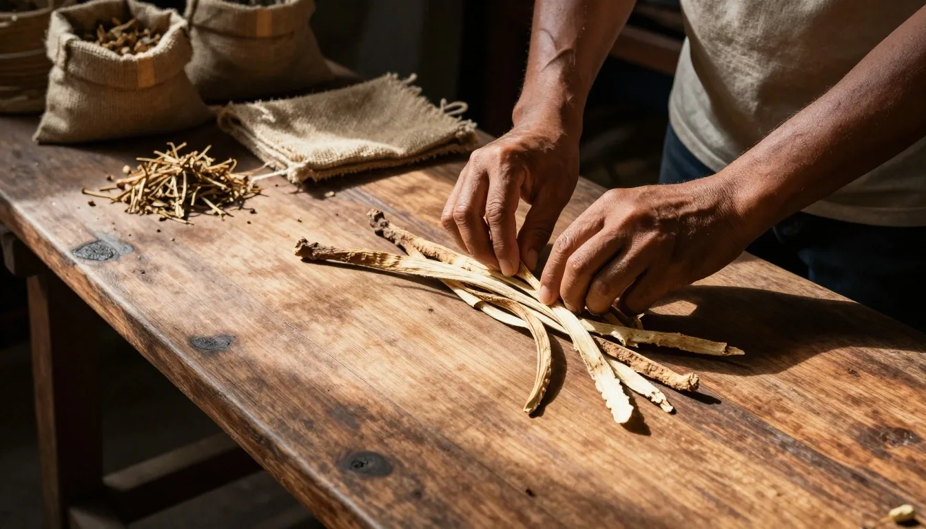 Natural supplement capsules and dried botanical ingredients on a birch wood workshop table