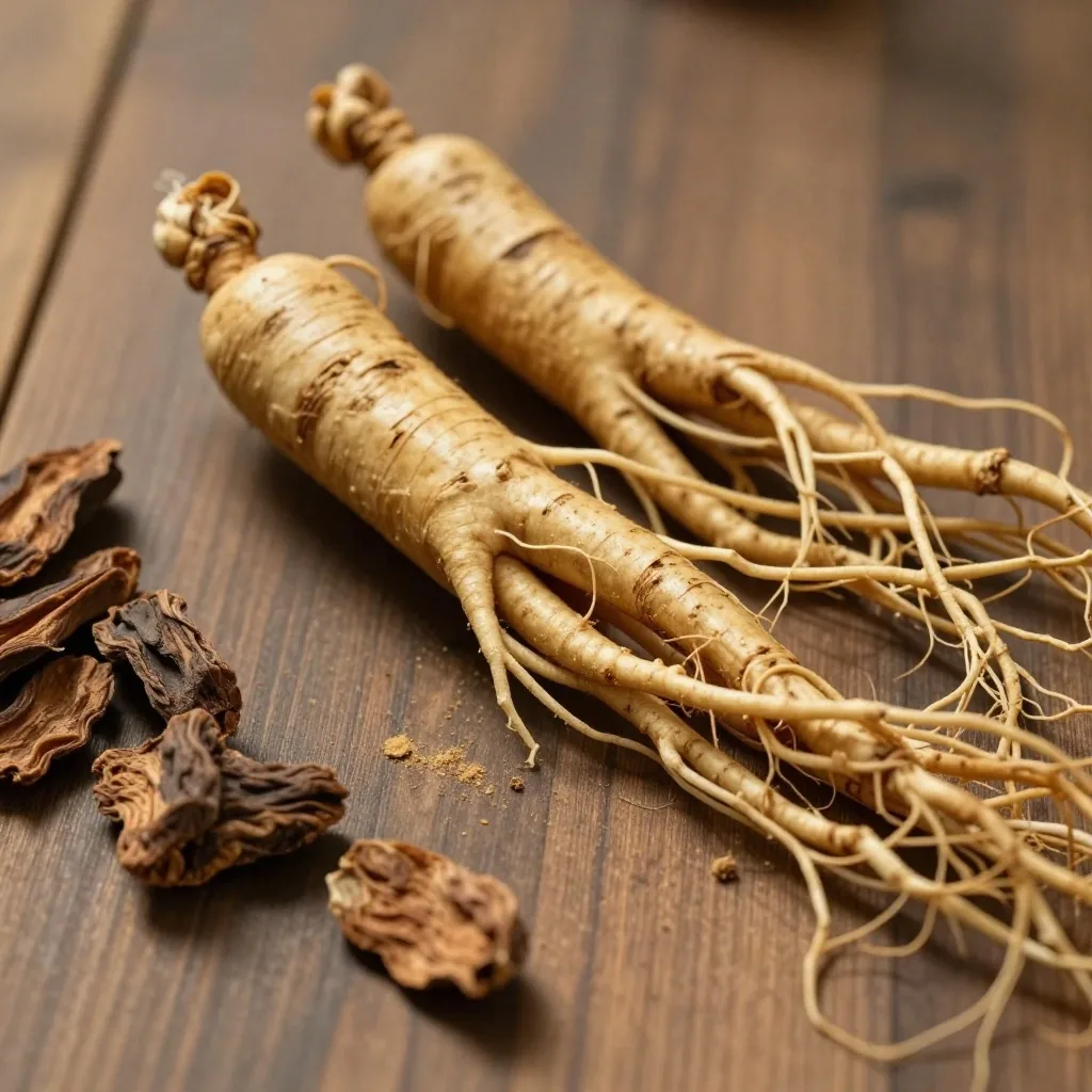 Ginseng and maca roots on birch wood