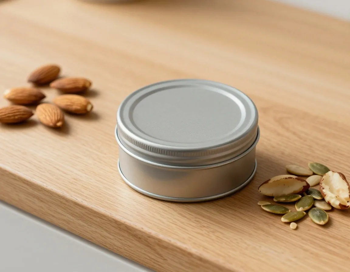 Daily vitality formula supplement tin with capsules on birch wood