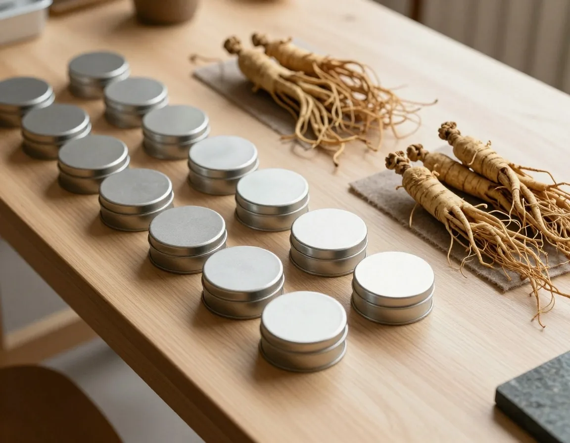 Workshop table with supplement tins and dried botanicals