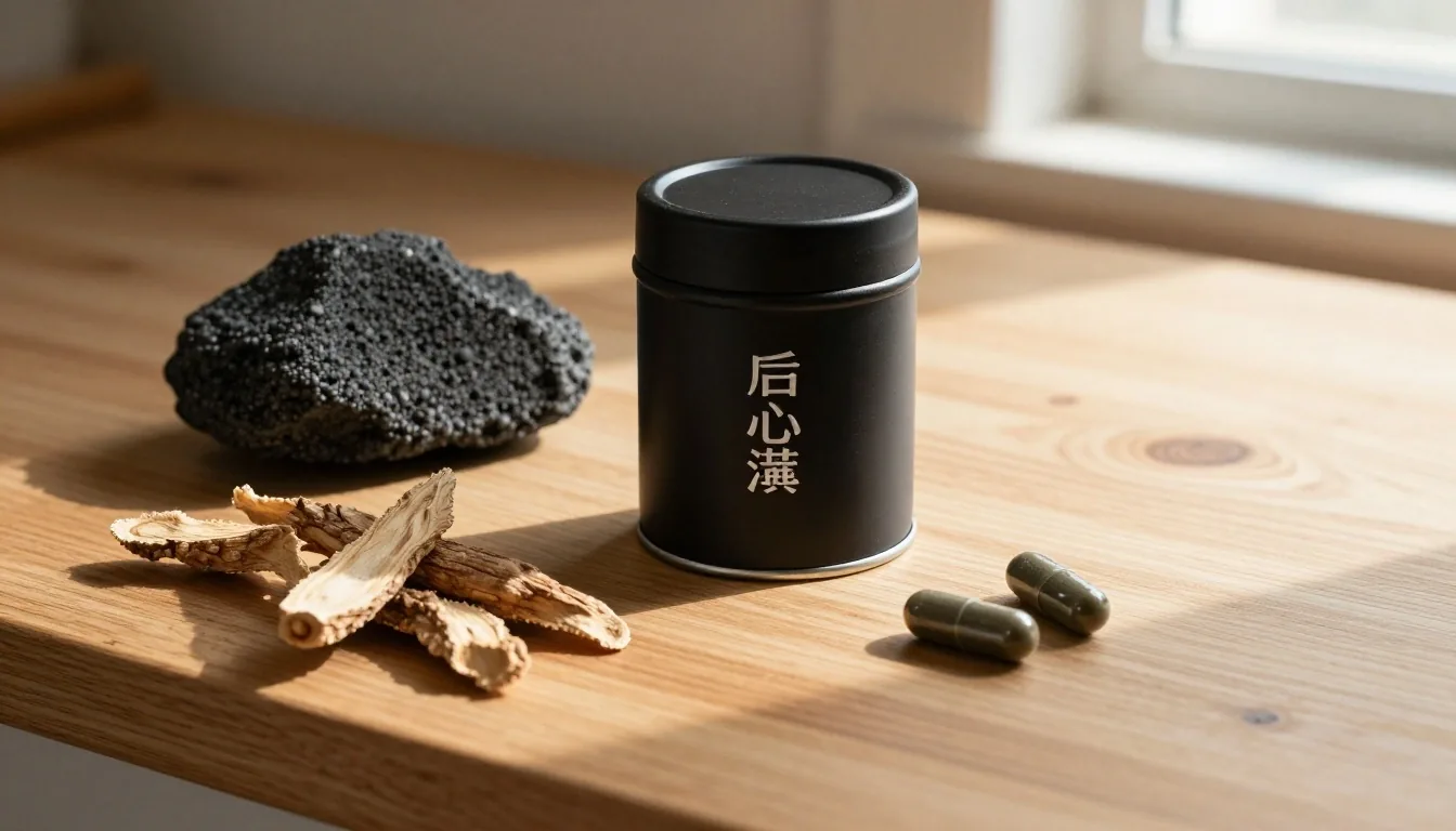 Daya Jantan supplement tin on a birch workshop bench beside a botanical ingredient diagram